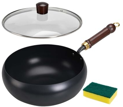 FytStycale Poêle wok à fond plat de 9,45 pouces avec couvercle et poignée en bois pour pendaison de crémaillère, buffet, hôtel