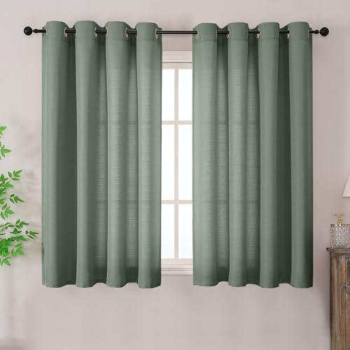 Simplebrand Wohnwagen Gardinen Vorhänge Salbeigrün mit ösen Vorhang Kurz Modern Leinenoptik Halbtransparent Ösenvorhang für Küche Wohnzimmer Kinderzimmer Raumteiler 2er Set SalbeigrünH 137 x B 140 cm