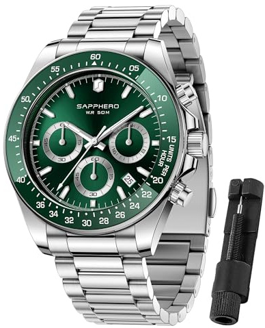 SAPPHERO Uhren Herren Chronograph Analog Quarz 50M Wasserdicht Armbanduhr Herren Mode Lässig Business Herrenuhren mit Kalender Edelstahlarmband Uhr Geschenk für Männer