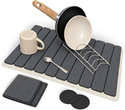 Escurridor Diatomita Cocina con Rejilla de Acero Inoxidable, Pack Completo 5 en 1 con Base Antideslizante y Accesorios de Mantenimiento, Secado Rápido y Organizado para Platos, Vasos y Utensilios
