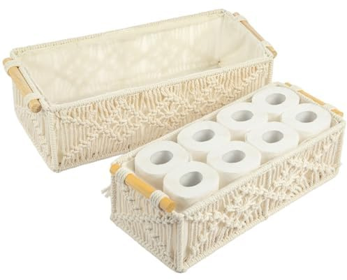 GREENSAPPIRE Wicker Baskets for Toiletries Woven Bathroom Storage Baskets with Fabric Lining Natural Seagrass Organiser for Bathroom Bedroom & Kitchen Decorative & Space Saving (White, 2 PCS)