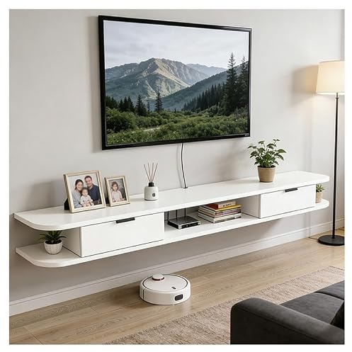 Meuble TV Suspendu Console multimédia Murale avec Portes abattantes et système de Gestion des câbles pour Salon ou Chambre