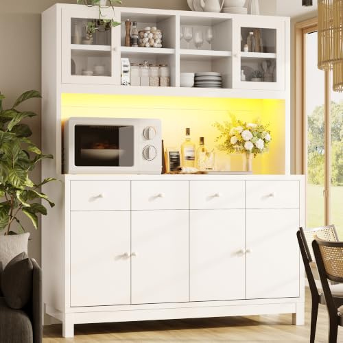 DUlVBPE Hochbuffetschrank 140 * 38.5 * 180cm mit App-gesteuerter RGB-LED, Glastüren & 4 Schubladen, verstellbare Einlegeböden, Naturholz-Optik, belastbar bis 100kg