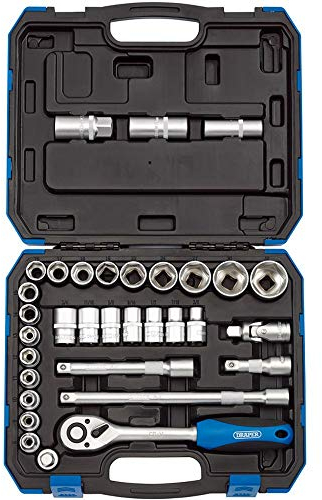 Draper 1/2 33 Piece MM/AF Socket Set | Micrometre Reversible Hand Tool |Soft Grip Ratchet | 17 Metrics Sockets Mechanics Car Tools | 7 Imperial Sockets| 3 Spark Plug Sockets | 16363