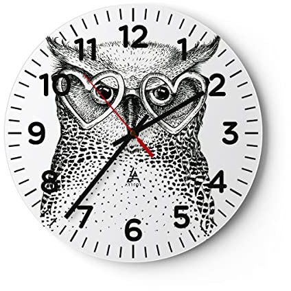 Modern Wanduhr Mode Design Eule Aquarell 30x30cm Rund Klein Wand Uhr Glas Analog Zimmeruhren Küche Büro Wohnzimmer Glasuhr Wall Clock Dekoration Design Wanddekoration Küchenuhr C4AR30x30-3124