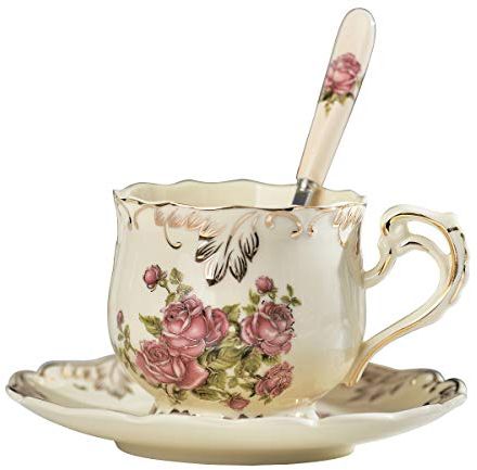 YOLIFE Tea Cup and Saucer Set, 200 ml Ivory China Teacup and Saucer Set- Pink Rose