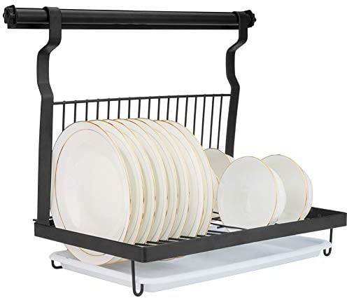Eastore Life Wall-mounted Dish Rack with Hanging Rod, Foldable Dish Drying Rack with Drainboard, Stainless Steel Dish Drainer, Black
