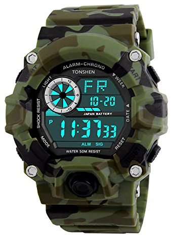 TONSHEN Herren Digital Sport Uhr 50M Wasserdicht LED Outdoor Militär Uhren Silikon Armbanduhr Wecker für Herren (Camo)