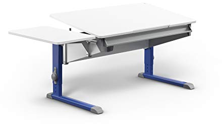 Moll Bandit Kinderschreibtisch höhenverstellbar | mitwachsend, ergonomisch & neigbar für aufrechtes Sitzen | ideal für Schulkinder | Schreibtisch weiß (mit Side Top, Blau, 117,2cm x 70,5cm)