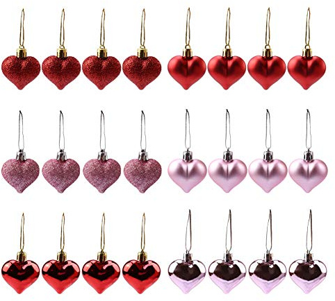 Sofecto 24 Pieces Heart Shaped Ornaments for Valentine's Day Heart Shaped Baubles for Home Wedding Party Hanging Decorations DIY Craft, Matte, Glitter, Sequined (Red, Pink)