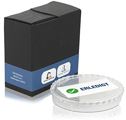 Erledigt Aufkleber 60 x 30 mm – 250 Etiketten selbstklebend | 250 Etiketten mit dem Aufdruck ERLEDIGT und Piktogramm, Format 60 x 30 mm, im Spenderkarton zur Entnahme mit einer Hand.