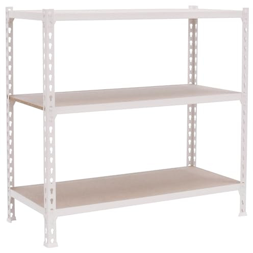 Simonrack Schwerlastregal, Lagerregal, 90x80x30 cm, Metallregal, Kellerregal, Biegestelle 150 kg, 3 Holzfachböden, Weiss/Holz - Maderclick