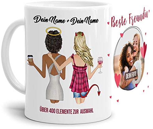 Personalisierbare Tasse - Beste Freundinnen - zum selbst Gestalten mit Wunschfoto und Wunschnamen als anpassbares Geschenk für die Beste Freundin - Weiss, 300ml