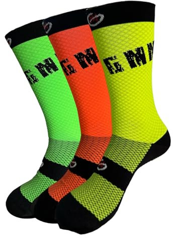 GMM Calze da Ciclismo a Compressione KIT VERDE-GIALLO-ARANCIO FLUO Unisex da Bike, Sport, Professionale, Comfort, 3 paia, T.U. Made in Italy