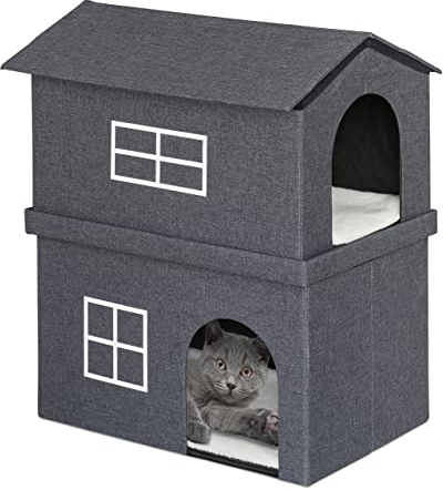 Relaxdays Katzenhaus aus Stoff, Katzenhöhle mit 2 Eingängen, HxBxT: 71,5 x 62,5 x 44 cm, Faltbare Tierhöhle, dunkelgrau