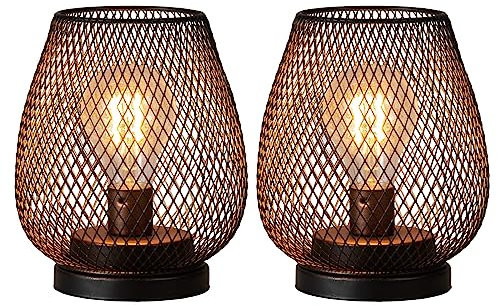 DECORKEY Set of 2 Battery Operated Lamp LED Table Lantern, Metal Cage Cordless Lamps with LED Bulb，Vintage Decorative Outdoor Christmas Lantern, Weddings, Parties, Patio, Events for Indoor Shelf Decor