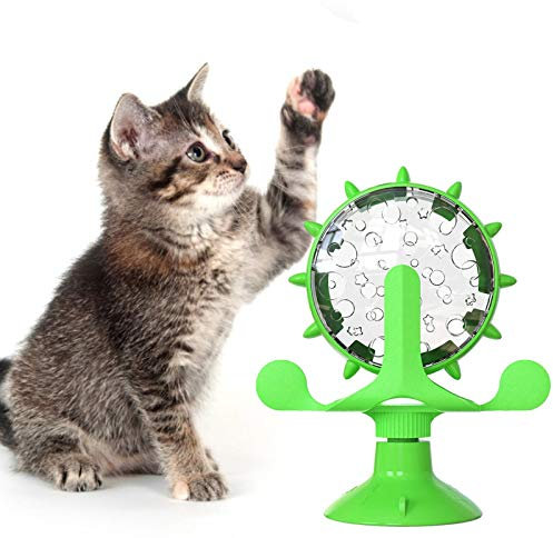 MISETA Windmühle Katzenspielzeug Drehteller Interaktives Katzenspielzeug für Indoor-Katzen Futterspender Katzenspielzeug mit Saugnapf (Farbe: grün)