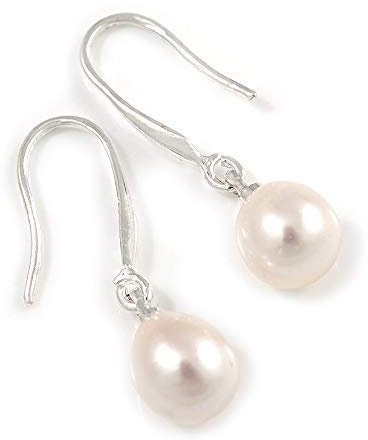 30mm Long/Bridal/Prom/Wedding Delicate Teardrop Freshwater Pearl Earrings/Silver Tone