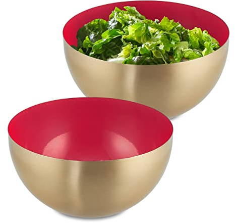 Set 2 Ensaladeras Redondas 2 litros, Frutero Acero Resistente, Cuenco Repostería, Bol Cocina 10,5x20cm, Rojo y Dorado