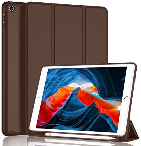 iMieet iPad 9th Generation Hülle 2021/iPad 8th Generation Hülle 2020 10.2 Zoll mit Stifthalter, iPad 7th Gen 2019 Hülle mit weicher Babyhaut Silikon Rückseite, Auto Wake/Sleep Cover (Schokolade)