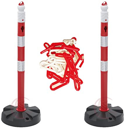 AUA SIGNALETIQUE -Kit 2 POTEAUX PVC Ø 63 mm sur Socle Lesté Classe 2 + Chaîne de signalisation 2 m – Rouge/Blanc (Kit 2 Poteaux + Chaîne 2 m)