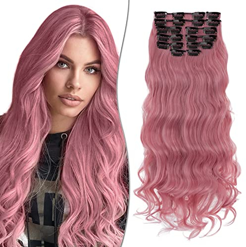 SEGO Extension a Clip Synthétique 180g Extension Cheveux Bouclés 12 Pcs Postiche Cheveux Long, 55CM, Rose Clair