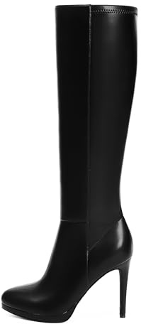 Modatope Womens Knee High Black Boots Stiletto Heel Round Toe Long Boots Zipper Fall Tall Boots Elastic Leather Size 8