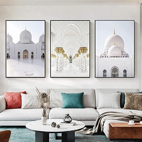 HTWLMM Islamische Leinwand Malerei SchöNe Moschee Weiß Und Gold Bogen Marokkanisch Kunstdruck Bilder für Wohnzimmer Wandbilder Deko Schlafzimmer Rahmenlos (3X40X50CM)