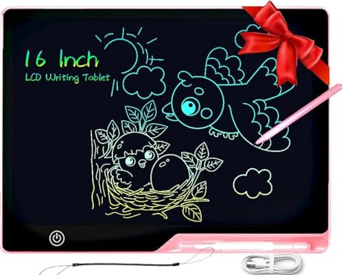 BIMVER 16 Zoll LCD Schreibtafel Wiederaufladbare, Bunter Bildschirm Zeichenbrett Maltafel Umweltfreundlich, Schreibtablett Kinder Lernspielzeug Geschenk für 2 3 4 5 6 Jahre alt Jungen Mädchen- Rosa