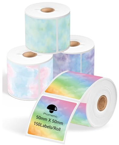 Phomemo Etikettenpapier, Thermo Etiketten für Preis, Logo Kompatibel mit M220 M250 M221 M120 M150 M108 M110 M421 Etikettendrucker, Mehrfarbiger Farbverlauf,50x50mm,150 Etiketten/Rolle (4 Rolle)