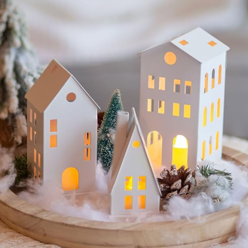 Sziqiqi Lanterna Candelieri Decorativa con Candele a LED per Natalizie, Piccoli Portalumini per Casa Set di 3, Lanterna in Metallo con Luce di Candela per Davanzale di Finestra Caminetto