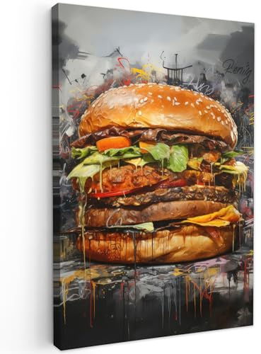 MuchoWow© Wandbilder Klein Mini Schlafzimmer Home Deko Wohnung Bild | 20x30 cm - Wohnzimmer Fotoleinwand Wand Bilder Leinwand Wall Decor Banksy - Street Pop Art - Burger - Essen - Kunst - Grau