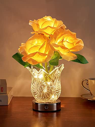 PIKOY Lamparas de Mesita de Noche Rosa Eterna Cristal, Regulable Cristal Lampara Mesita Noche, Lampara Recargable Lampara Inalambrica, Lampara Mesita Noche Lampara Tactil Dormitorio,Regalos para Mujer