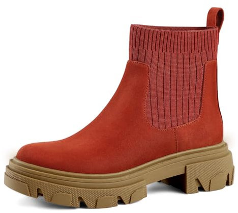 PIZZ ANNU Chelsea Boots Donna Comodi Stivali con Tacco Basso Invernali Biker Stivaletti Casual Eleganti Plateau Rosso EU 40