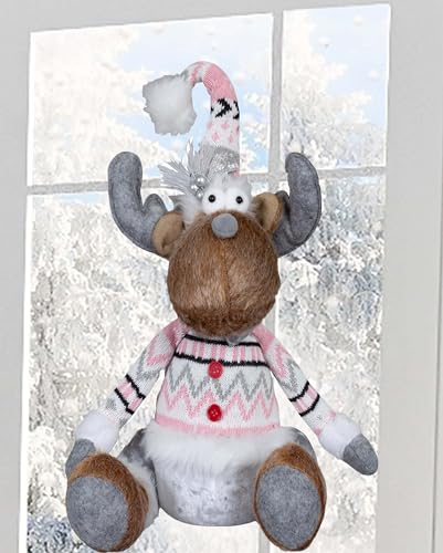 KAMACA Deko ELCH/Rentier aus Stoff mit knuffigem Outfit ausgefallene Dekoidee oder zum Verschenken zu Winter Weihnachten (Rentier sitzend mit Pulli weiß rosa 50 cm)