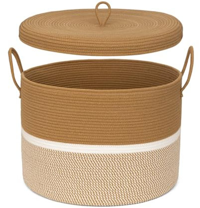 ORGMASTER Large Laundry Basket with Lid, Cotton Rope Laundry Hamper Foldable Storage Organizer Bin Blanket Basket for Comforter, Cushions, Clothes, Pillows, 52 x 52 x 38 cm, Camel/White