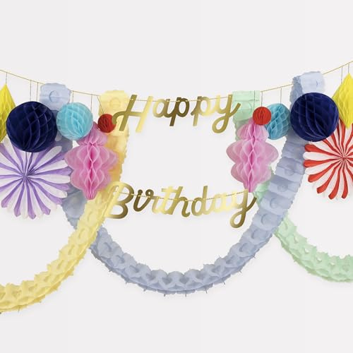 Meri Meri Honeycomb Happy Birthday Banner (1 Stück), 2 Stränge, 9' Geburtstag Party Girlande (13' inklusive überschüssiger Schnur), Meri Meri Party Girlande