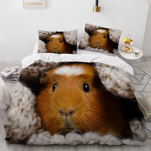 Bettwäsche 140x200 Süßes Meerschweinchen 3D Bettwäsche-Sets Tier 3 Teilig Weich Mikrofaser Bettbezug Set mit Reißverschluss + 2 Kissenbezüge 80x80 cm 1046-G