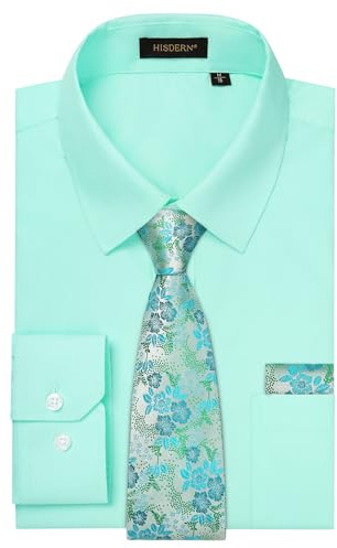 HISDERN Light Green Shirt and Tie Set for Men Formal Dress Shirts Long Sleeve Button Down for Business Wedding Party 3XL