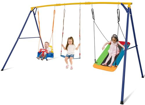 COSTWAY Columpio Jardín Exterior, Juego 3 en 1 de Columpio Infantil, Estructura De Metal, Columpio con Cinturón/Plataforma, 1 Asiento De Columpio Ajustable, 350 x 182 x 195 cm, Carga 300kg (3 en 1-2)
