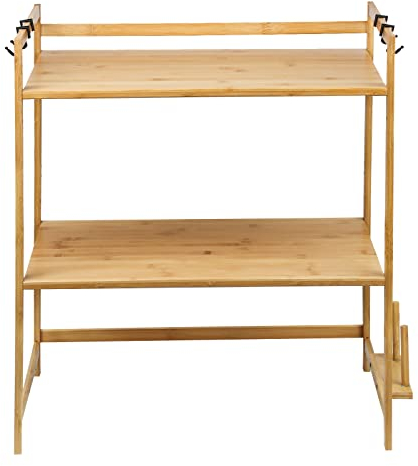 HUOLE Étagère à micro-ondes,Étagères de Cuisine Ajustable Etagere Rangement,en Bambou,avec 4 Crochets Et Support de Planche à Découper-52 * 37 * 65 cm-3 couches