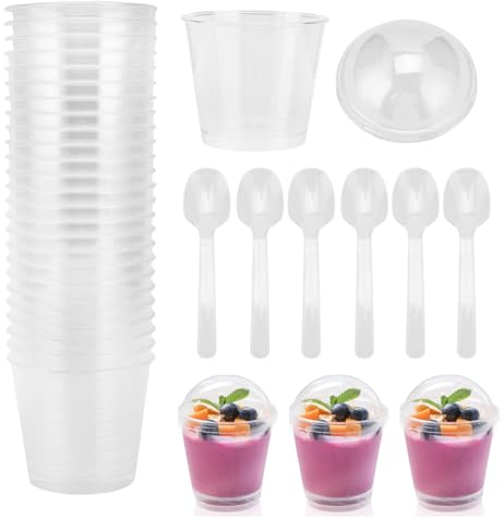 SUNJULY 50 Stück Dessertgläser Plastik, 200ml Desserttassen Rund mit Deckel und Löffeln, Kunststoff Dessertbecher Wiederverwendbar, Dessertschalen Set für Desserts Pudding Eis Hochzeiten Geburtstage