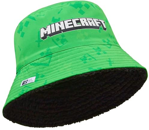 Minecraft Beanie Mütze Jungen, Gefütterter Bucket Hat Winter oder ein Handschuhe und Mütze Set Geschenke für Gamer (Grüner Anglerhut, 6–14 Jahre)