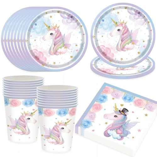 Juego de vajilla de fiesta de unicornio para 16 invitados, juego de platos de unicornio, vajilla de cumpleaños infantil, vasos, servilletas, platos de papel, decoración para fiestas