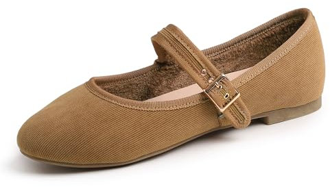 Feversole Women's Soft Cushion Extra Padded Comfort Round Toe Mary Jane Metal Buckle Fashion Ballet Flats Walking Shoes Camel Corduroy Short Plush Lining UK Size 6.5