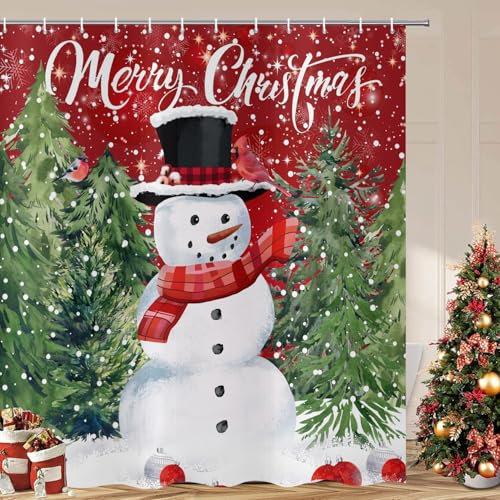 ASDCXZ Weihnachten Duschvorhang 180x200 cm, Winter Schneemann Grün Weihnachtsbaum Rot Weihnachtlich Waschbar Bad Duschvorhänge Polyester Textil Wasserdicht Duschvorhang für Badewanne mit 12 Haken