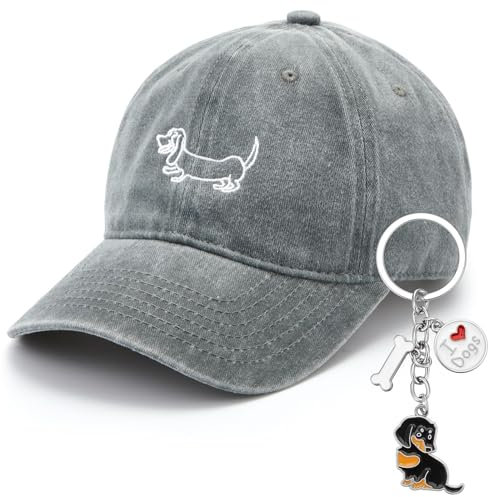 Hestya Geschenke für Dackelbesitzer Dackelgeschenke Dackel Schlüsselanhänger Baseballkappe mit Welpengrafik Liebes Welpen Schlüsselbund Vintage Baseball Hat Unisex Baseballkappe mit Stickerei(Grau)