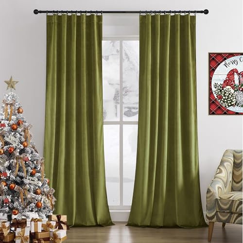 Timeper Olive Green Velvet Curtains - Room Darkening Curtains with Pleat Tab, Home Decor French Door Curtains for Living Room/Farmhouse, W42 x L84, 2 Panels