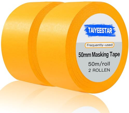 Taiyeestar 2 Rollen Malerkrepp, Goldband Klebeband, Profi-Kreppband für Malerband, Abdeckband Malertape Klebeband Washi Tape Gold Papiertape Selbstklebend (50 mm x 50 m)