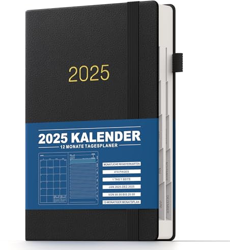 KaKa Dragon Kalender 2025 Terminplaner, Buchkalender Agenda, Deutsches Tagebuch Planer A5 Terminplaner 1 Tag 1 Seite mit Monatsregistern, (416 Seiten) Hardcover (Schwarz)